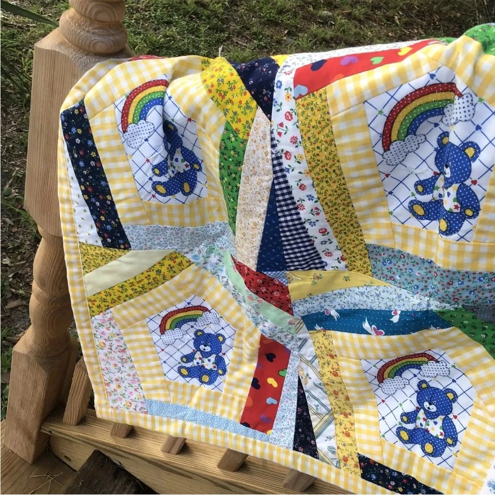 Baby Quilt Throw Teddy Bear Rainbow Floral Patchwork Gingham Plaid Vintage